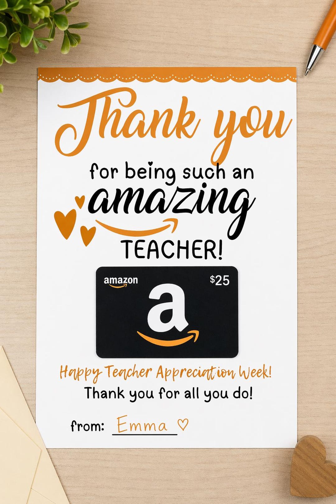 Teacher Gift Card Printable Holder: Thank You Appreciation Digital ...