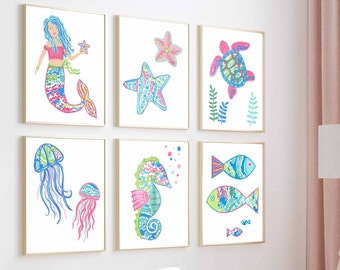 lilly mermaid wall art décor, girl nursery bedroom bathroom wall art prints, instant digital download, printable