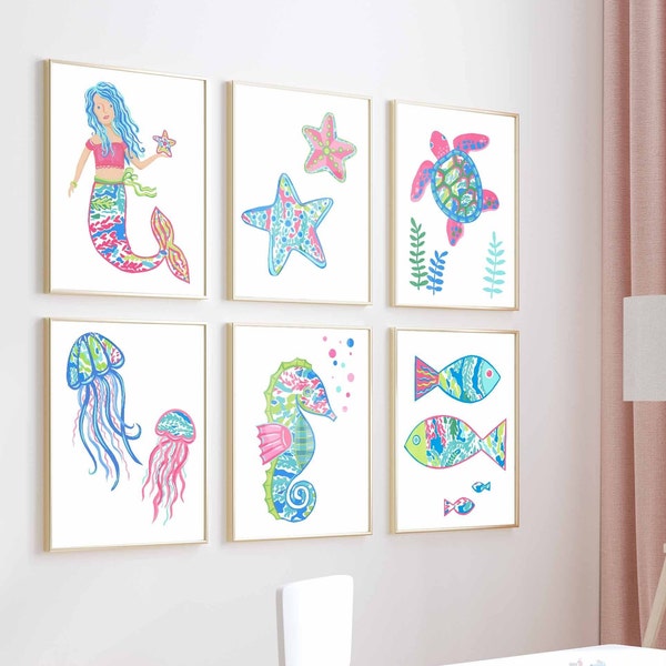 lilly mermaid wall art décor, girl nursery bedroom bathroom wall art prints, instant digital download, printable