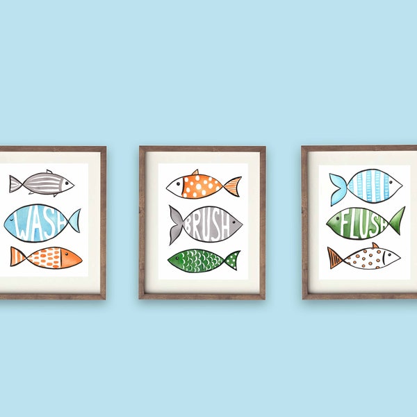 kids bathroom decor, fish bath rules art prints, instant digital download