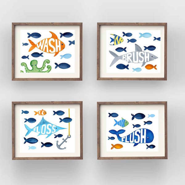 kids bathroom decor, fish bath rules art prints, instant digital download