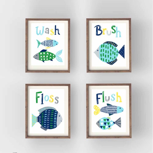 Kids Bathroom Decor Fish Bath Rules Art Prints Instant Etsy