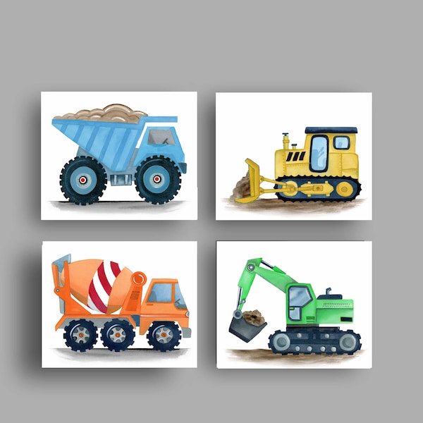 Construction truck art prints for boy nursery bedroom, digital images instant download, set of 4