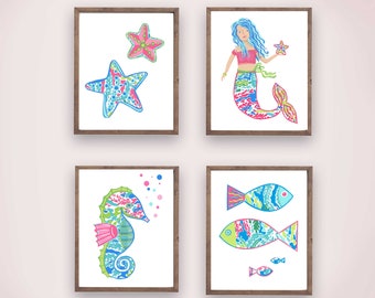 lilly mermaid wall art décor, girl nursery bedroom bathroom wall art prints, instant digital download, printable
