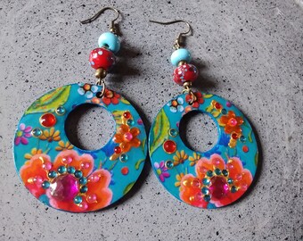 Gypsy...creole earrings, colorful, in resinated wood, light, unique artisanal creation