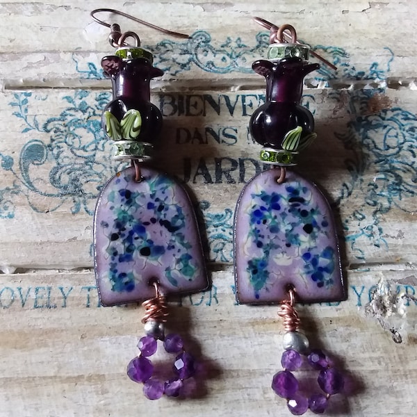 Purple bouquet..Handmade enameled copper earrings and blowtorch-spun glass bead, unique French creation