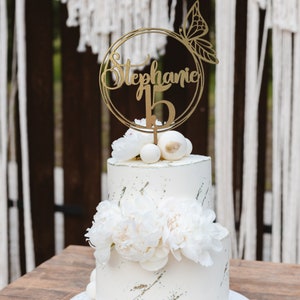 Personalized Quinceanera Cake Topper. Butterfly Name & Age Wreath