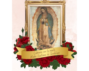 Virgen de Guadalupe Print with Red Roses and banner (Digital PNG)