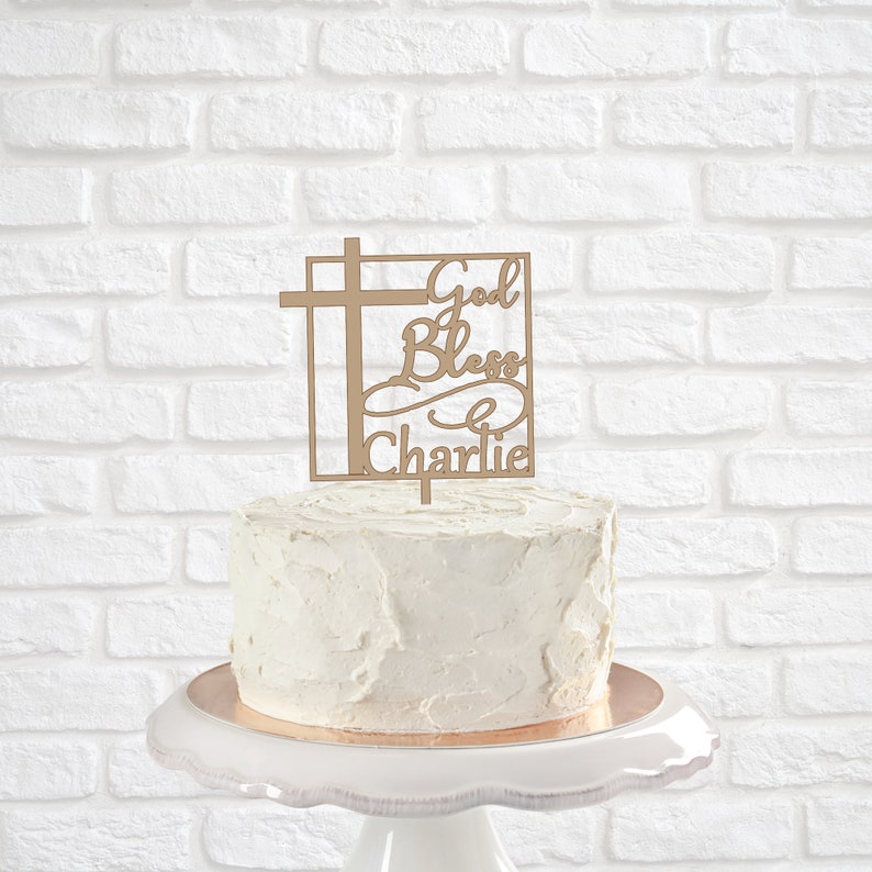 God Bless square with cross personalized cake topper, religious cake topper, baptism cake topper, first communion cake topper, confirmation image 1