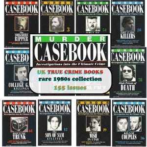 May include: A selection of vintage "Murder Casebook" magazines from the 1980s, focusing on true crime cases. The covers showcase portraits, titles, and issue numbers. The text reads "UK True Crime Books, 8 rare 1980s collection, 155 issues."