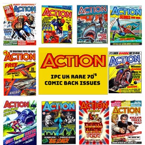 Op de afbeelding: Een verzameling vintage "Action" stripboekcovers uit de jaren 70, met gedurfde graphics en actievolle scènes. De covers tonen dynamische illustraties van haaien, motorfietsen en figuren in verschillende actieposities, met levendige kleuren en tekst.