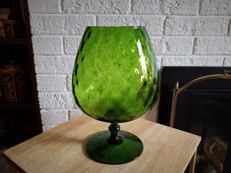 Mid Century Optic Glass Green Brandy Vase Compote Large Etsy