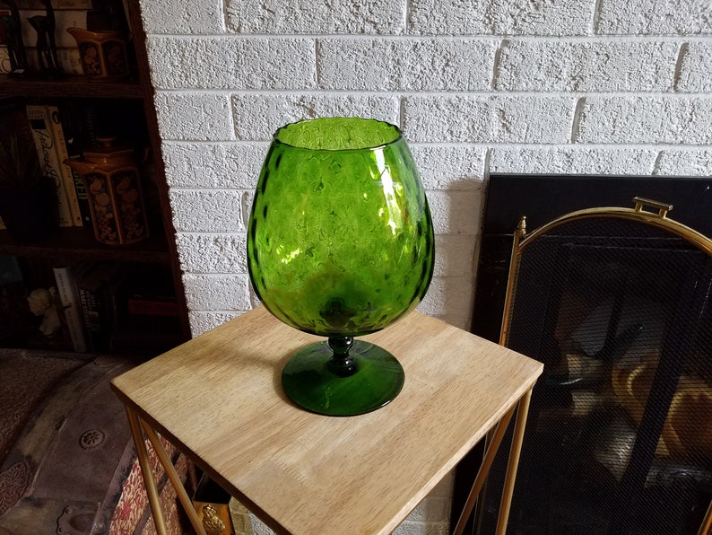 Mid Century Optic Glass Green Brandy Vase Compote Large Etsy