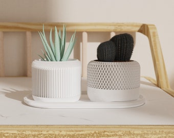 Set of 2 flower pots in white made of bioplastic / with beautiful patterns and coasters / perfect as a gift