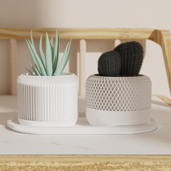 Set of 2 flower pots in white made of bioplastic / with beautiful patterns and coasters / perfect as a gift