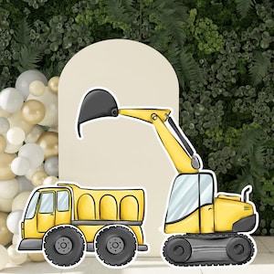 May include: Yellow cartoon illustrations of construction vehicles, including a dump truck and an excavator. The vehicles have black wheels and accents, set against a backdrop of greenery and balloons. The excavator's arm is raised.