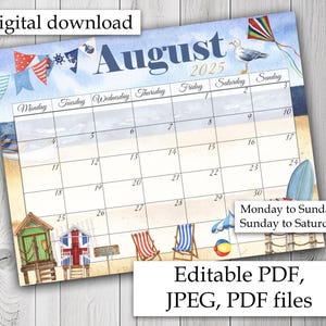 EDITIERBARER August Kalender 2025, Sommerkalender, Seekalender, August druckbarer Kalender, ausfüllbarer Monatsplaner, Strandkalender