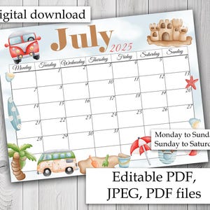EDITABLE July 2025 Calendar, Summer calendar, Sea calendar, july Printable Calendar, Fillable Monthly Planner, beach calendar