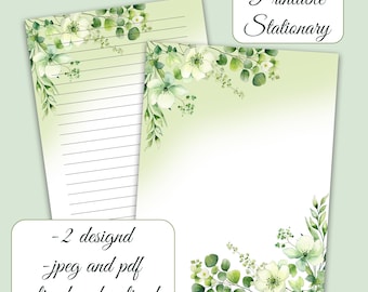 Flor verde, Papelería imprimible, Papelería verde, Papel de escribir floral, Papel de carta, Papel de escribir rayado, Escritura de papelería, Papel de notas