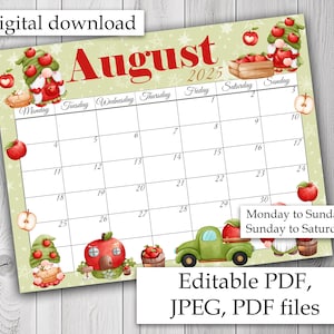 EDITIERBARER August Kalender 2025, Sommerkalender, Apfelkalender, August druckbarer Kalender, ausfüllbarer Monatsplaner, Strandkalender