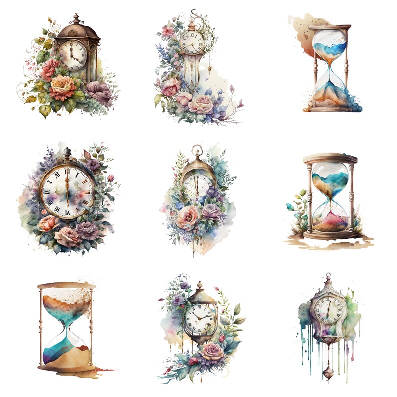 Watercolor Flower Clocks Clipart, Clock Clipart, Watercolor Watch