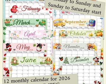 EDITABLE 2026 Calendar, full year calendar, Monthly Planner PDF, Printable Calendar, Fillable Planner, School Home Work Organizer