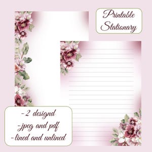 Burgundy flower, Red flower Printable stationary, Peony stationary, Floral writing paper, Letter paper, Lined writing paper