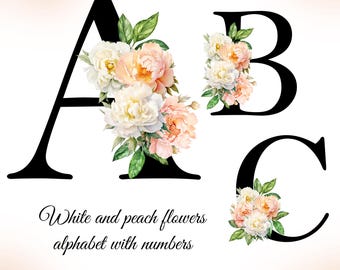 Floral alphabet clipart, White and peach flowers alphabet, alphabet PNG, Monogram Initials PNG, Boho Letters, Wedding Decor, floral letters