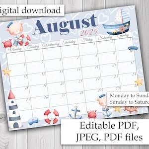 EDITIERBARER August Kalender 2025, Sommerkalender, Seekalender, August druckbarer Kalender, ausfüllbarer Monatsplaner, Strandkalender