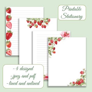 Puede incluir: Cuatro diseños de papelería imprimibles con ilustraciones de acuarela de fresas. Dos diseños tienen papel rayado y dos diseños tienen papel sin rayar. Los diseños incluyen fresas en una vid, fresas en una fila y fresas en una esquina.