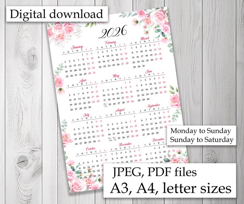 Year at a Glance 2026 Calendar, Flower Calendar, Printable Calendar ...