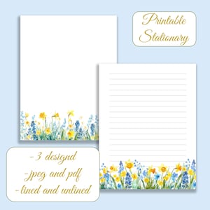 Papelería imprimible con flores de primavera, narcisos, papelería con motivos florales, papel para escribir, papel para cartas, papel rayado para escribir