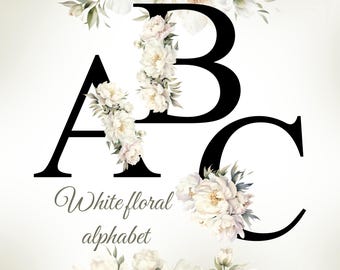 Floral alphabet clipart, White flowers alphabet, alphabet PNG, Monogram Initials PNG, Boho Letters, Wedding Decor, floral letters