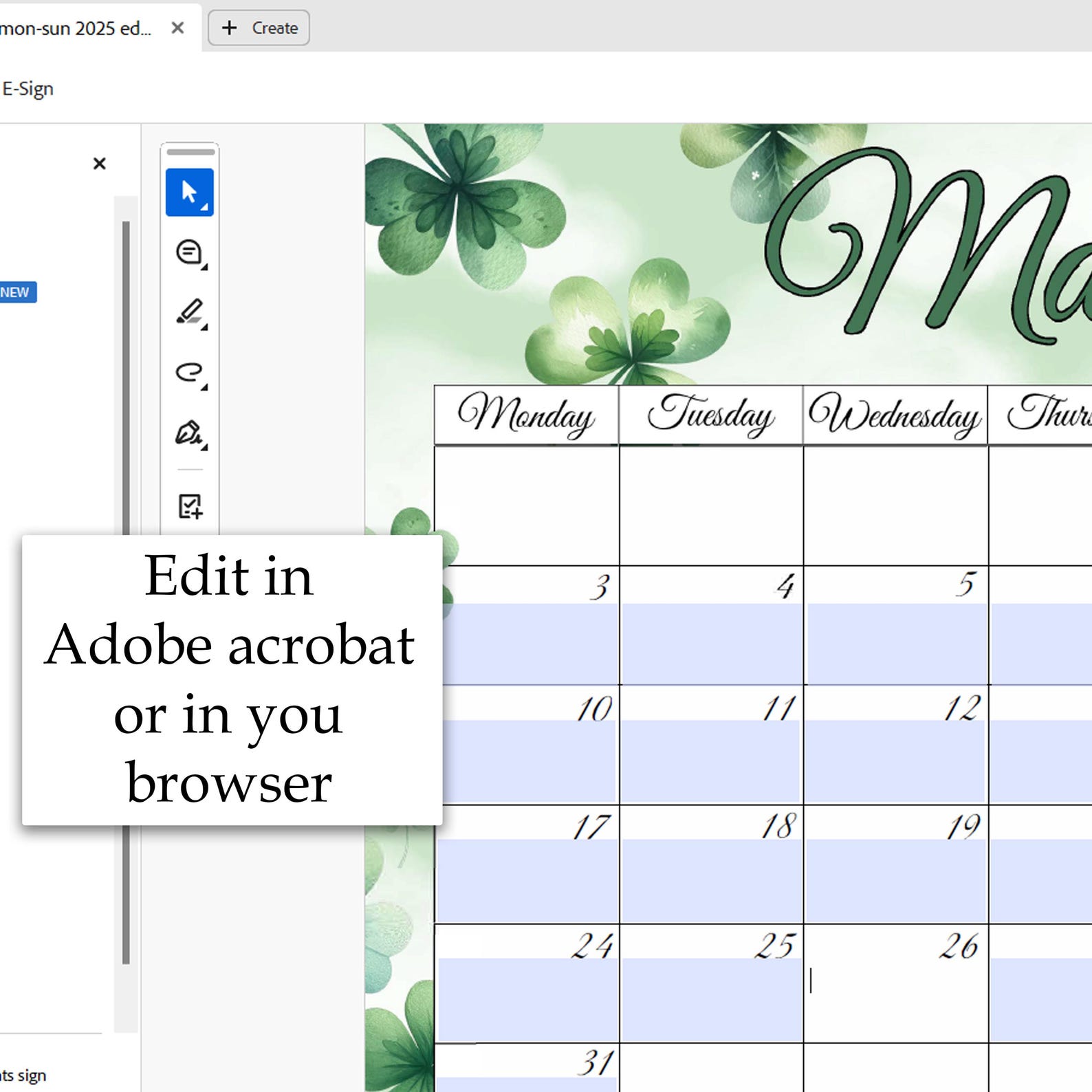 EDITABLE March 2026 Calendar, Spring Calendar, Clover Calendar ...