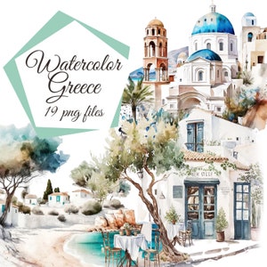 Clipart Grèce, illustration aquarelle de la Grèce, clipart de voyage, clipart de voyage, vacances en Grèce, usage commercial gratuit, conception d'autocollants