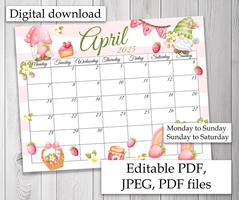 EDITABLE April 2025 Calendar, Spring Calendar, Chick Calendar, Gnome ...