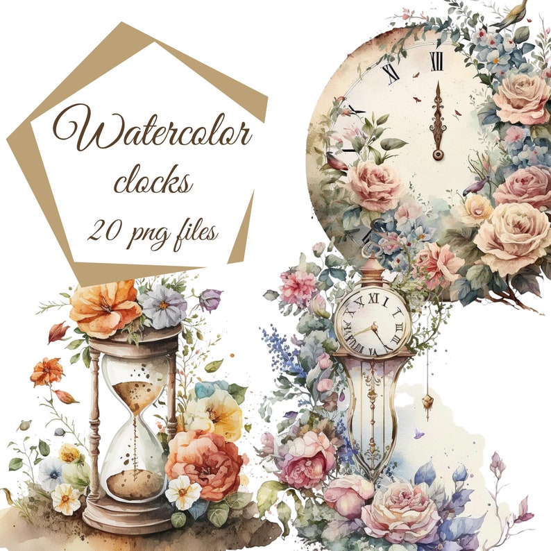 Watercolor Flower Clocks Clipart Clock Clipart Watercolor Etsy