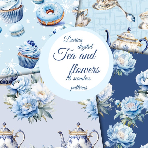 Tea digital paper, Sweets seamless paper, Blue tea patern, donut paper, teapot paper, peony paper, blue teapot, tea party paper