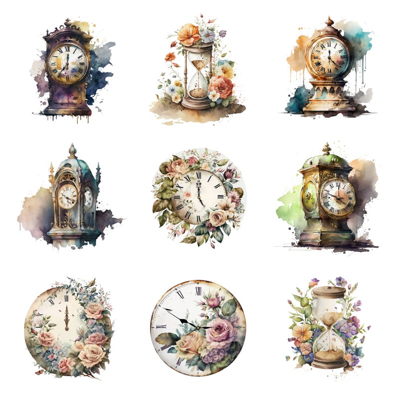 Watercolor Flower Clocks Clipart Clock Clipart Watercolor Etsy