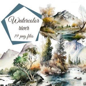 River clipart, Watercolor river, River illustration, Mountain clipart, Forest clipart, free commercial use, Sticker clipart, POD clipart