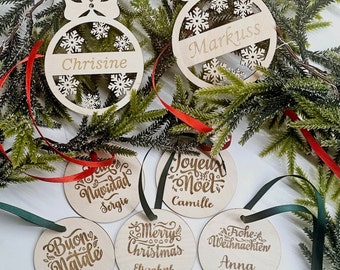 Boule de Noël personnalisée avec logo décoratif, décoration boules de sapin, ornement en bois, nom ou logo de Noël découpé au laser gravé