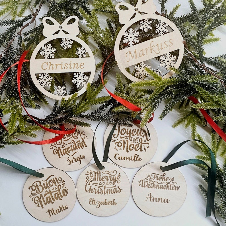 Personalized Christmas wood bauble with name engraved