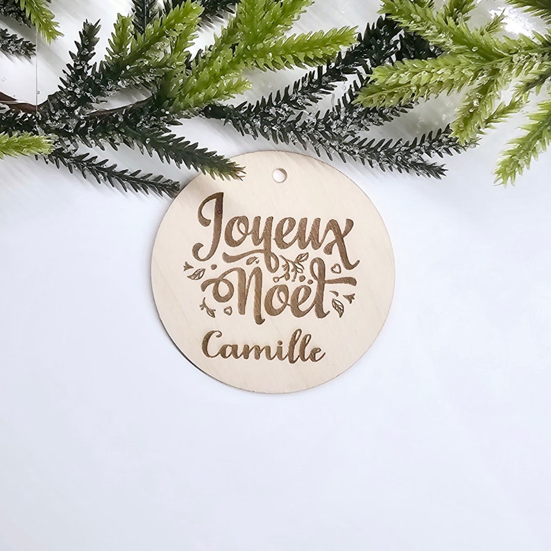 Boule de Noël personnalisée avec logo décoratif, décoration boules de sapin, ornement en bois, nom ou logo de Noël découpé au laser gravé image 7