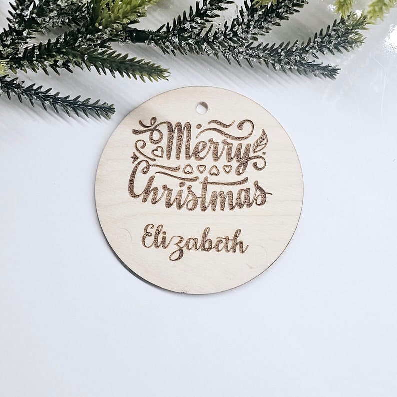 Boule de Noël personnalisée avec logo décoratif, décoration boules de sapin, ornement en bois, nom ou logo de Noël découpé au laser gravé image 5