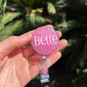 Custom Pink Glitter Badge Reel, Circle, Name, Nurse Gift, Teacher Gift, Graduation Gift