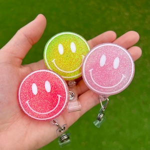 Happy Face Badge Reel | Smile| Glitter