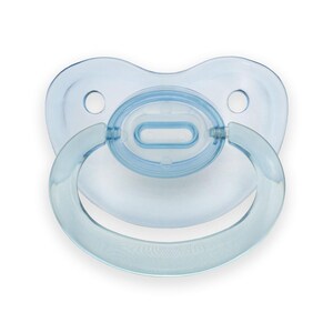 May include: A light blue baby pacifier with a rounded shape and two small holes on the sides.