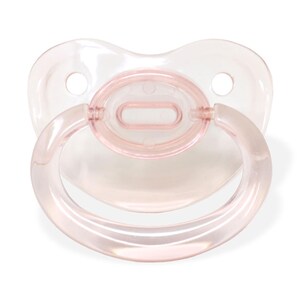May include: A pink silicone baby pacifier with a clear shield and a handle.