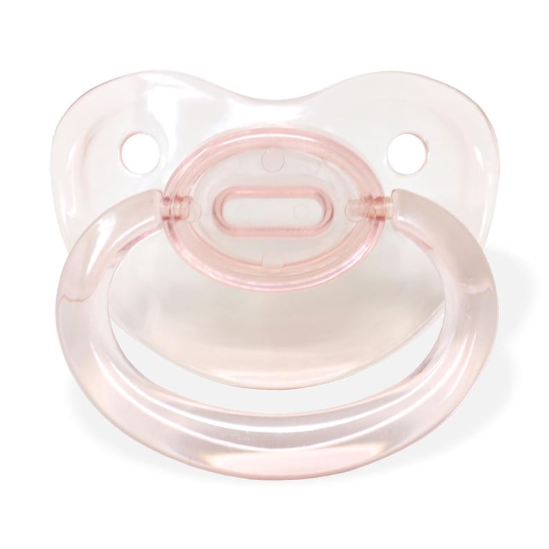 May include: A pink silicone baby pacifier with a clear shield and a handle.