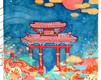May include: A colorful postage stamp illustration featuring a red Japanese gate under a night sky with a large red moon and clouds. The stamp has the number 10 in the upper left corner and Japanese text at the bottom.